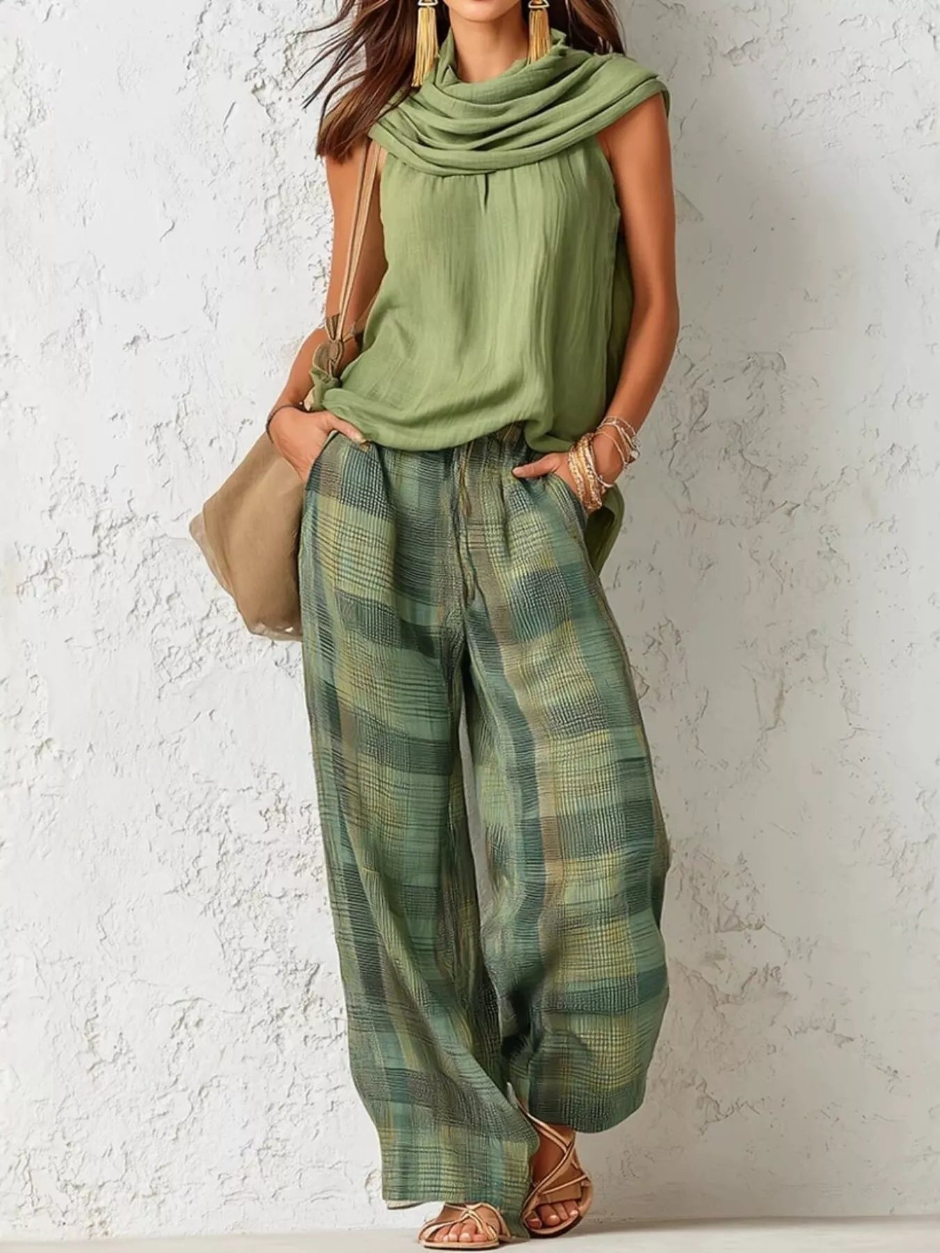 Cowl-Neck Plaid Two-Piece Set — AREVONNE product view 3