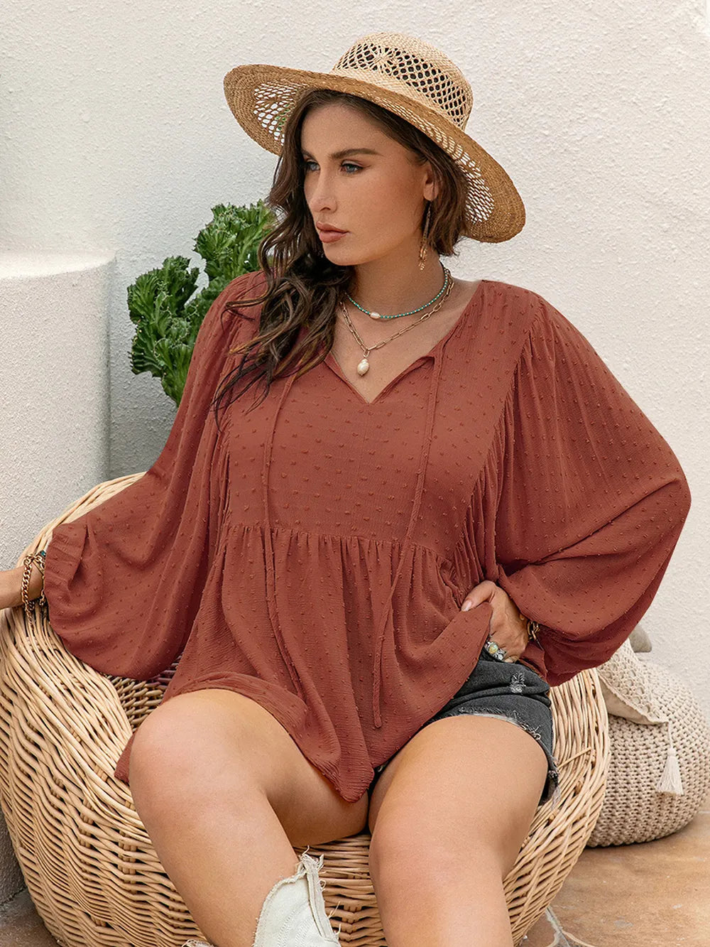 Swiss-Dot Tie-Neck Blouse — AREVONNE product view 3