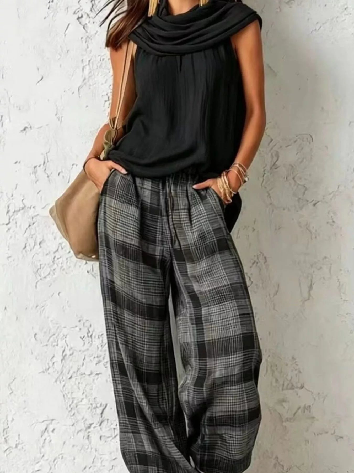Cowl-Neck Plaid Two-Piece Set — AREVONNE product view 1
