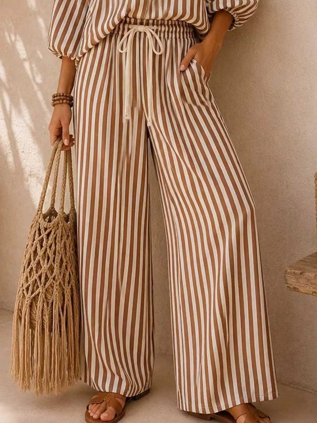 Striped Puff-Sleeve Wide-Leg Set — AREVONNE product view 3