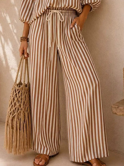 Striped Puff-Sleeve Wide-Leg Set — AREVONNE product view 3