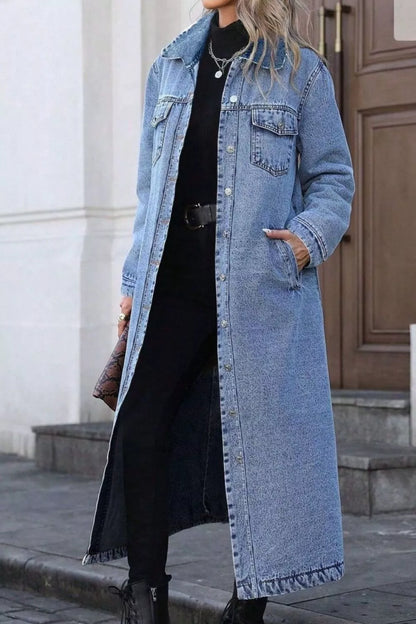Longline Button-Front Denim Jacket — AREVONNE product view 3