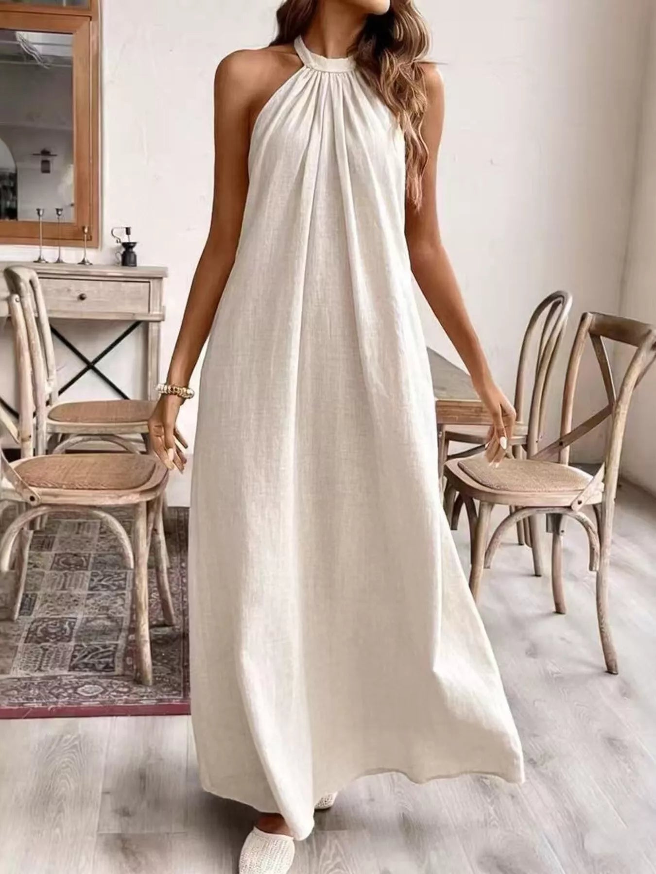 Ruched Halter-Neck Maxi Dress — AREVONNE product view 1