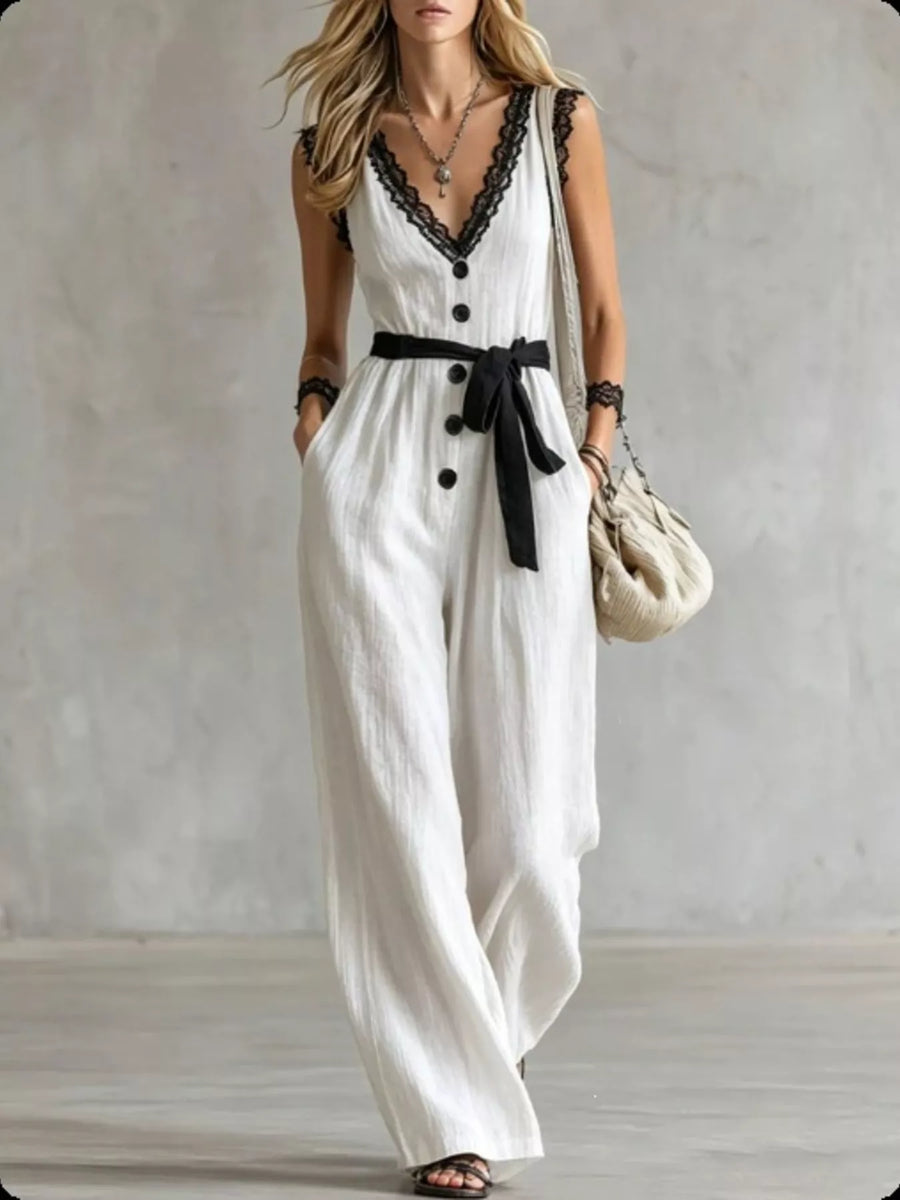 Lace-Detail V-Neck Sleeveless Jumpsuit
