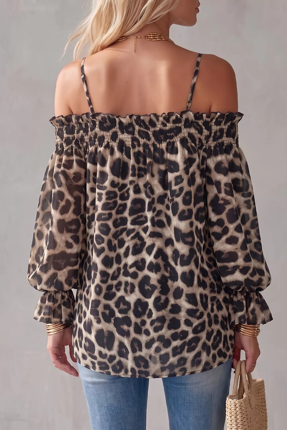 Leopard Ruffle Strap-Detail Blouse — AREVONNE product view 2