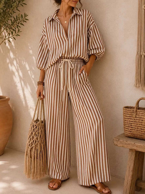 Striped Puff-Sleeve Wide-Leg Set
