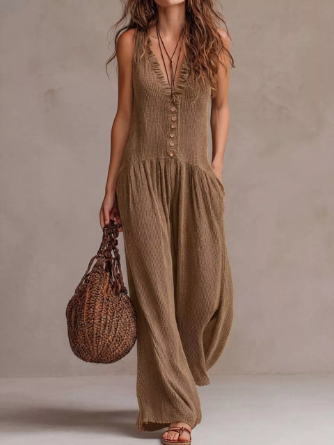 Ruched V-Neck Wide-Leg Jumpsuit