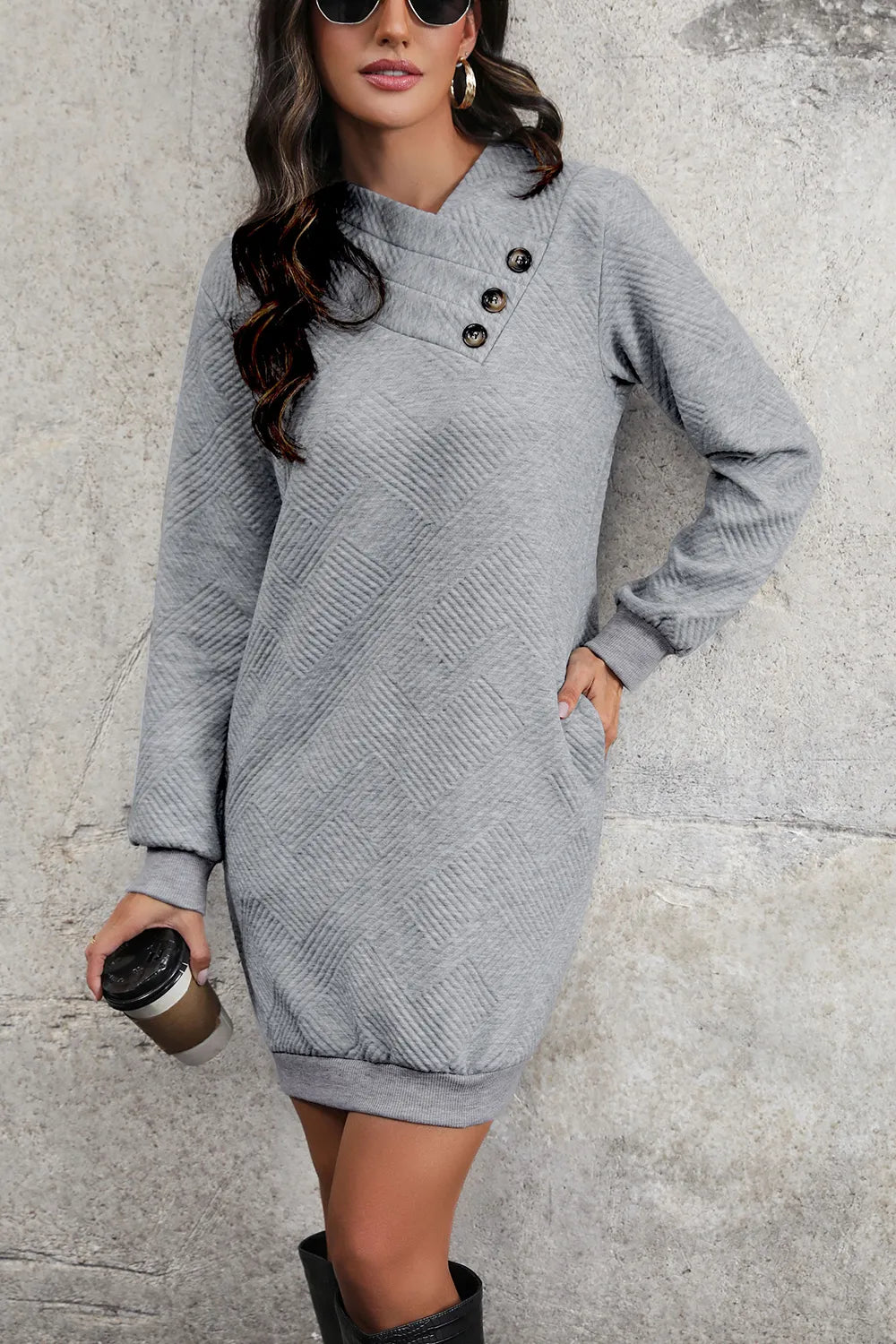 Textured Decorative-Button Mini Dress — AREVONNE product view 3