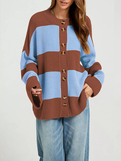 Color-Block Striped Button-Up Cardigan — AREVONNE product view 3