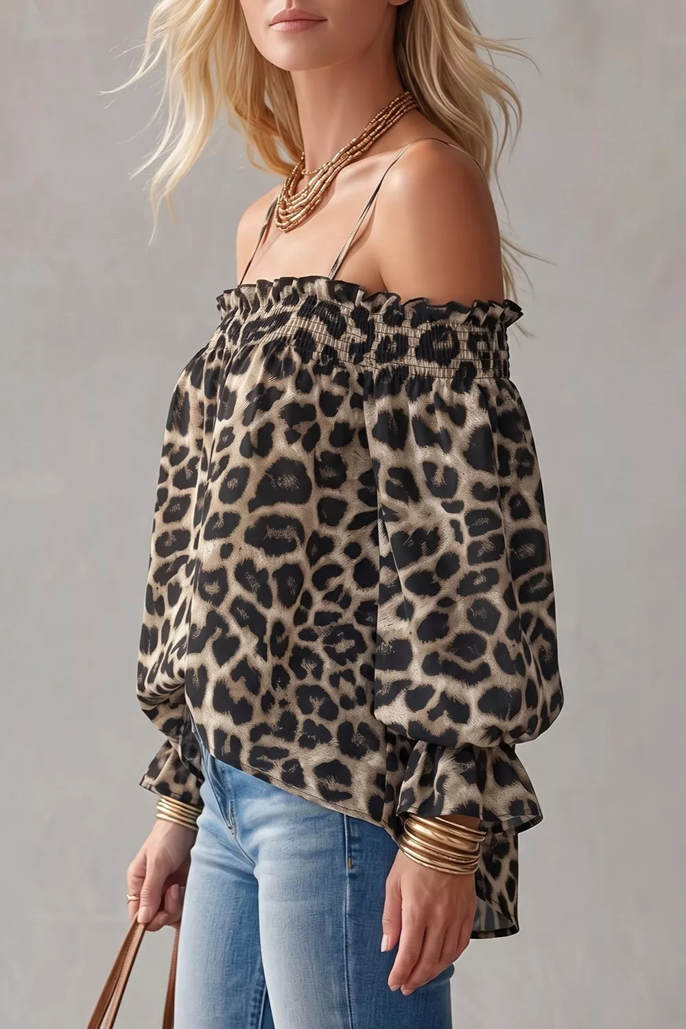 Leopard Ruffle Strap-Detail Blouse — AREVONNE product view 3