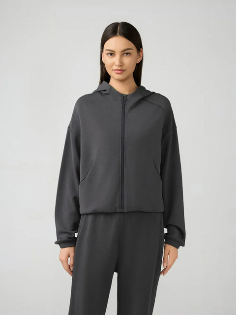 Zip-Up Dropped-Shoulder Active Hoodie