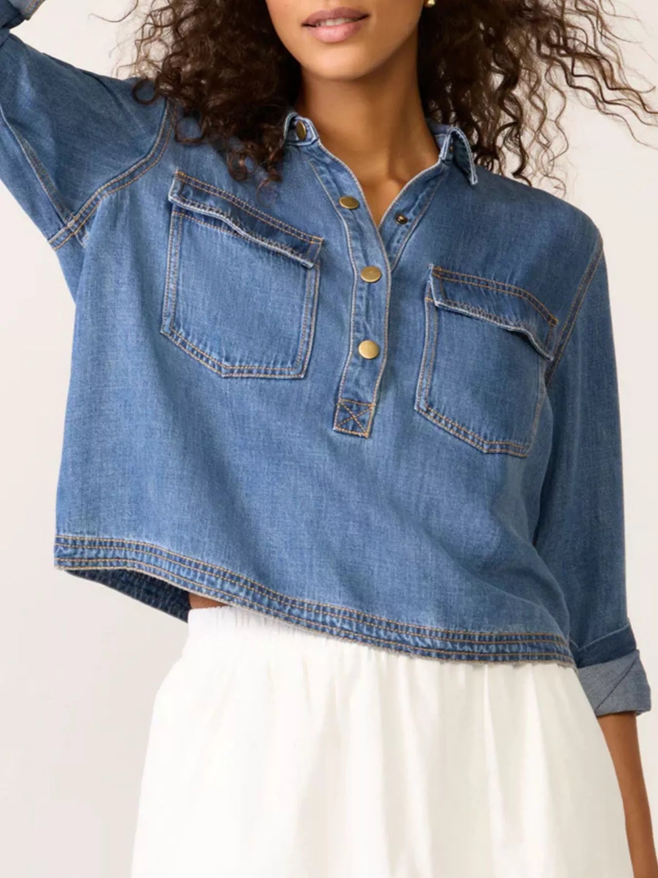 Half-Snap Cropped Denim Top — AREVONNE product view 3