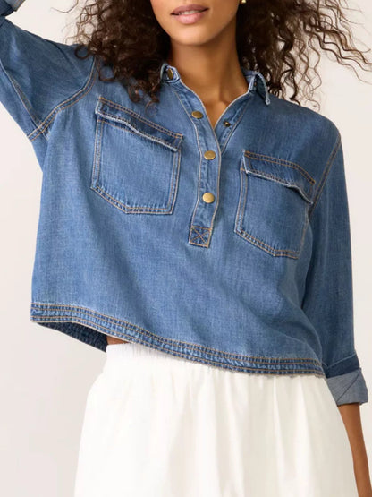 Half-Snap Cropped Denim Top — AREVONNE product view 3