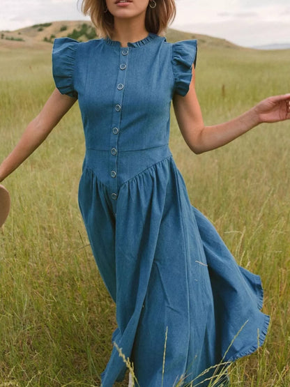 Ruffled Cap-Sleeve Denim Dress — AREVONNE product view 2