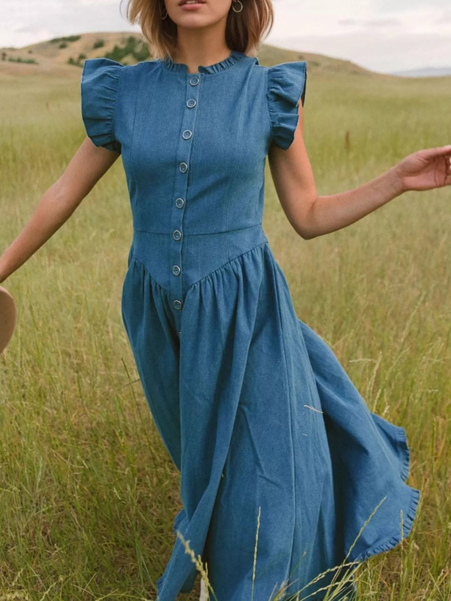 Ruffled Cap-Sleeve Denim Dress