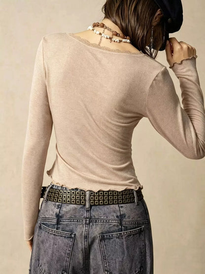 Lace-Detail Long-Sleeve T-Shirt — AREVONNE product view 6