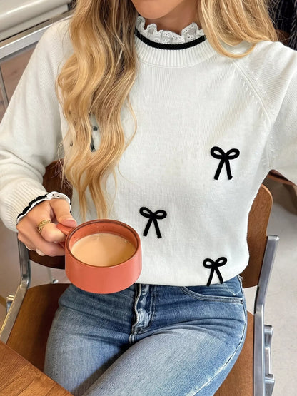 Bow-Embellished Lace-Trim Sweater — AREVONNE product view 3