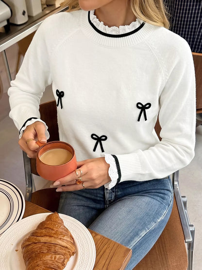 Bow-Embellished Lace-Trim Sweater — AREVONNE product view 4