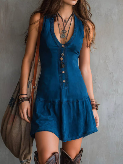 Ruched V-Neck Sleeveless Mini Dress — AREVONNE product view 1