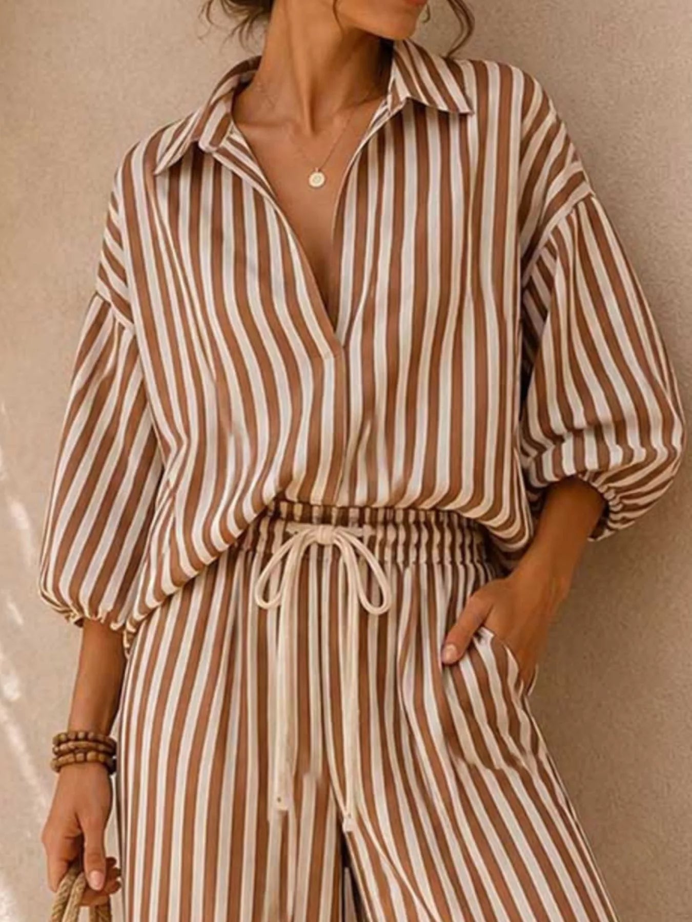 Striped Puff-Sleeve Wide-Leg Set — AREVONNE product view 2