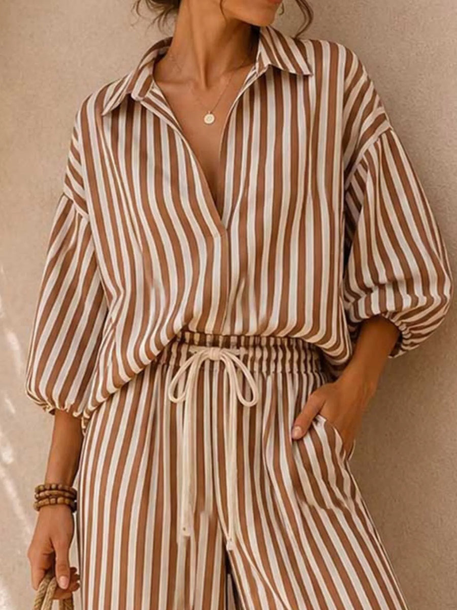 Striped Puff-Sleeve Wide-Leg Set