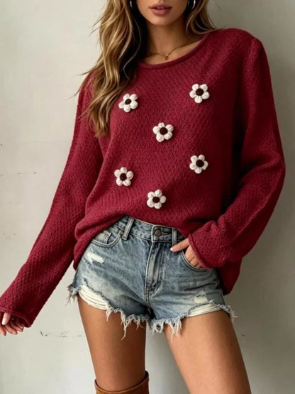 Floral-Appliqué Textured Knit Sweater — AREVONNE product view 12