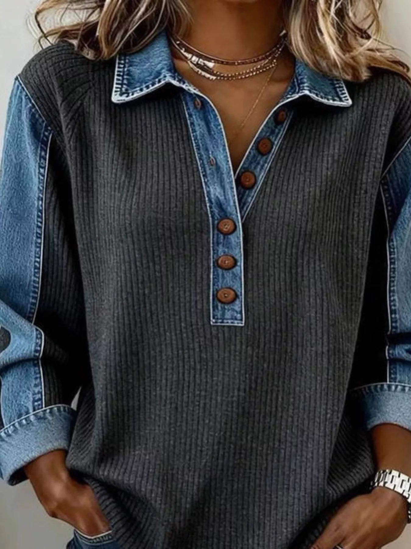 Denim-Trim Button-Detail Sweatshirt — AREVONNE product view 3