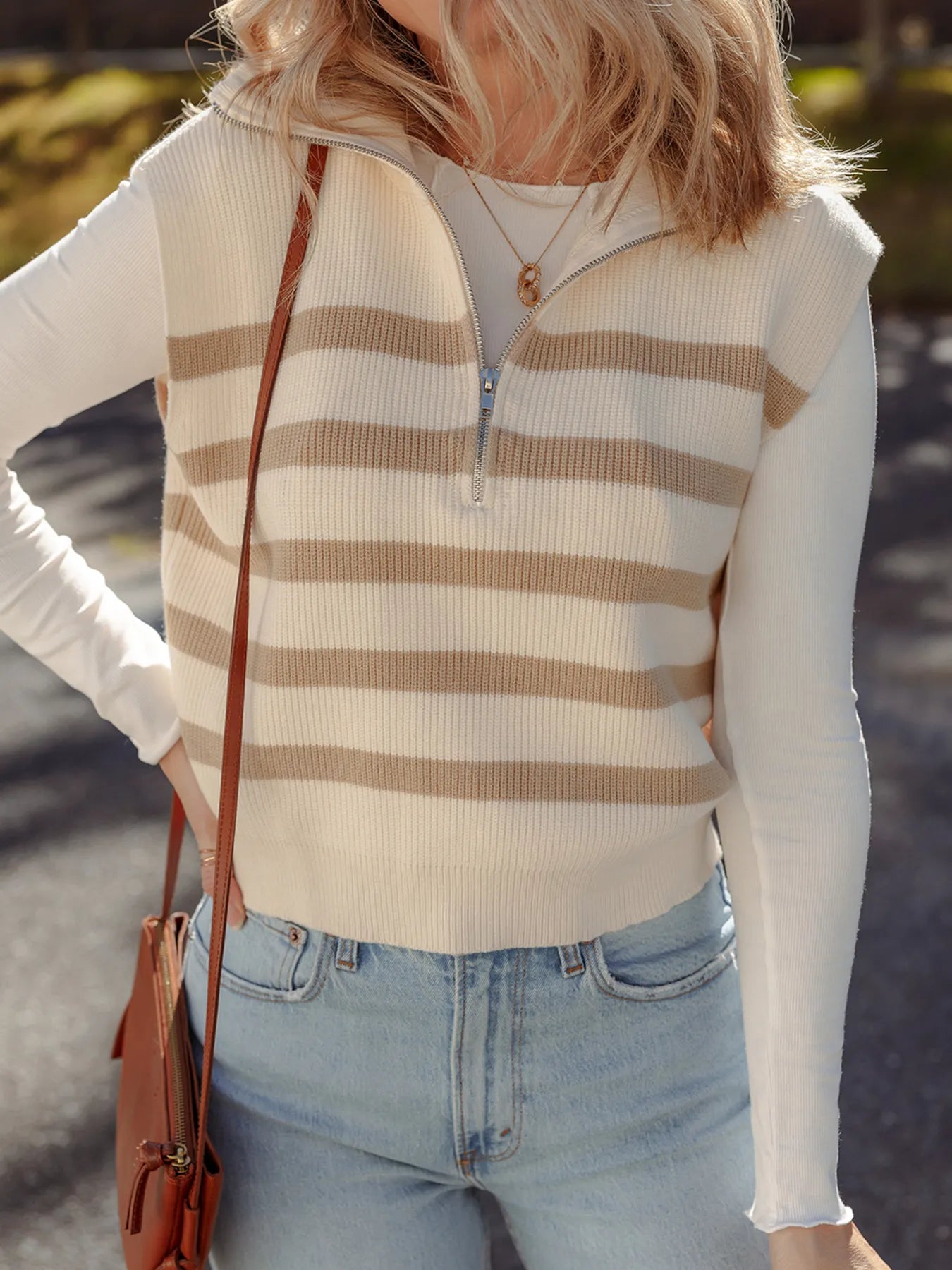 Striped Half-Zip Knit Sweater Vest — AREVONNE product view 3