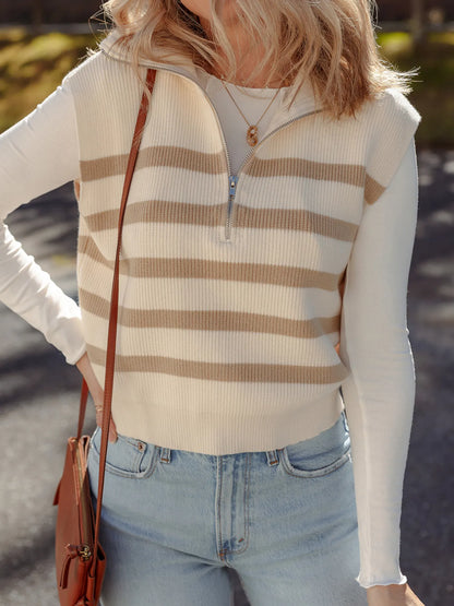 Striped Half-Zip Knit Sweater Vest — AREVONNE product view 3