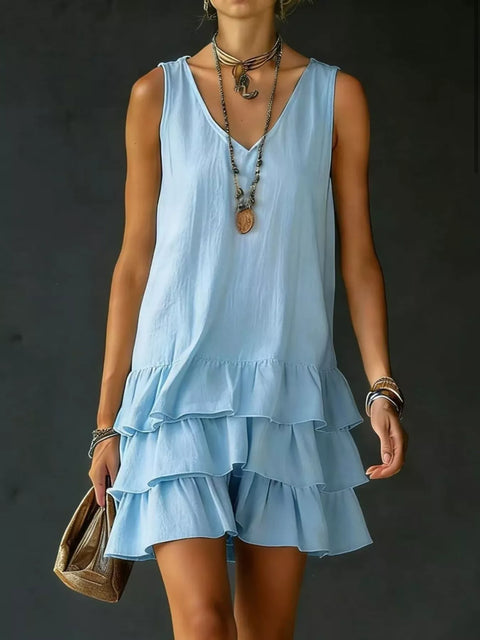Ruffled-Hem V-Neck Sleeveless Dress