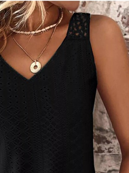Eyelet Lace-Trim V-Neck Tank — AREVONNE product view 3