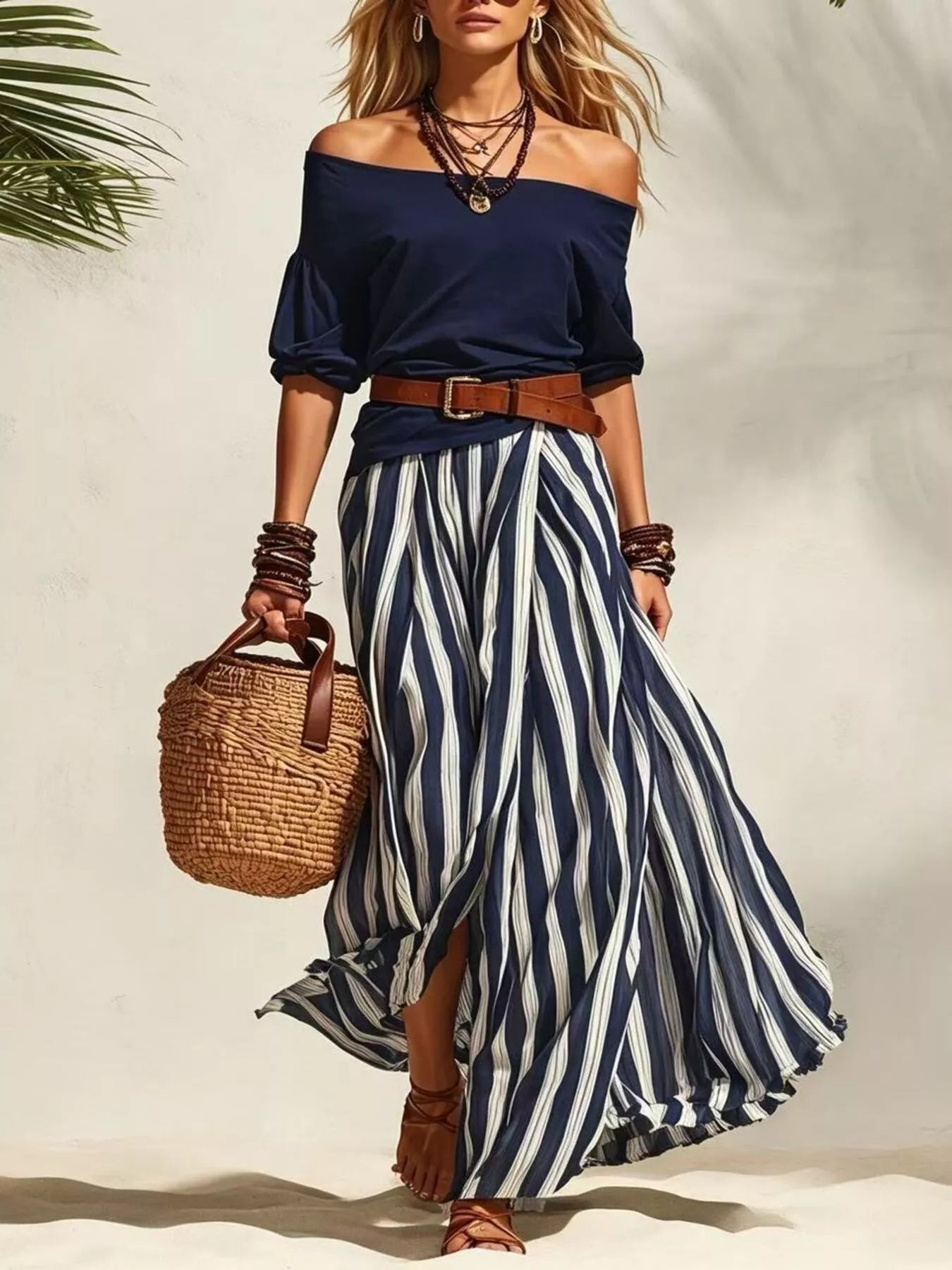 Off-Shoulder Top & Striped Maxi Skirt Set