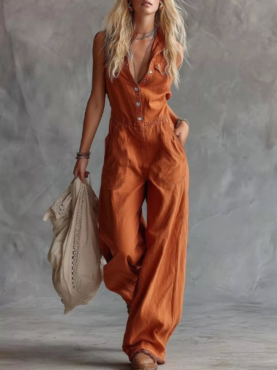 Button-Front Sleeveless Wide-Leg Jumpsuit