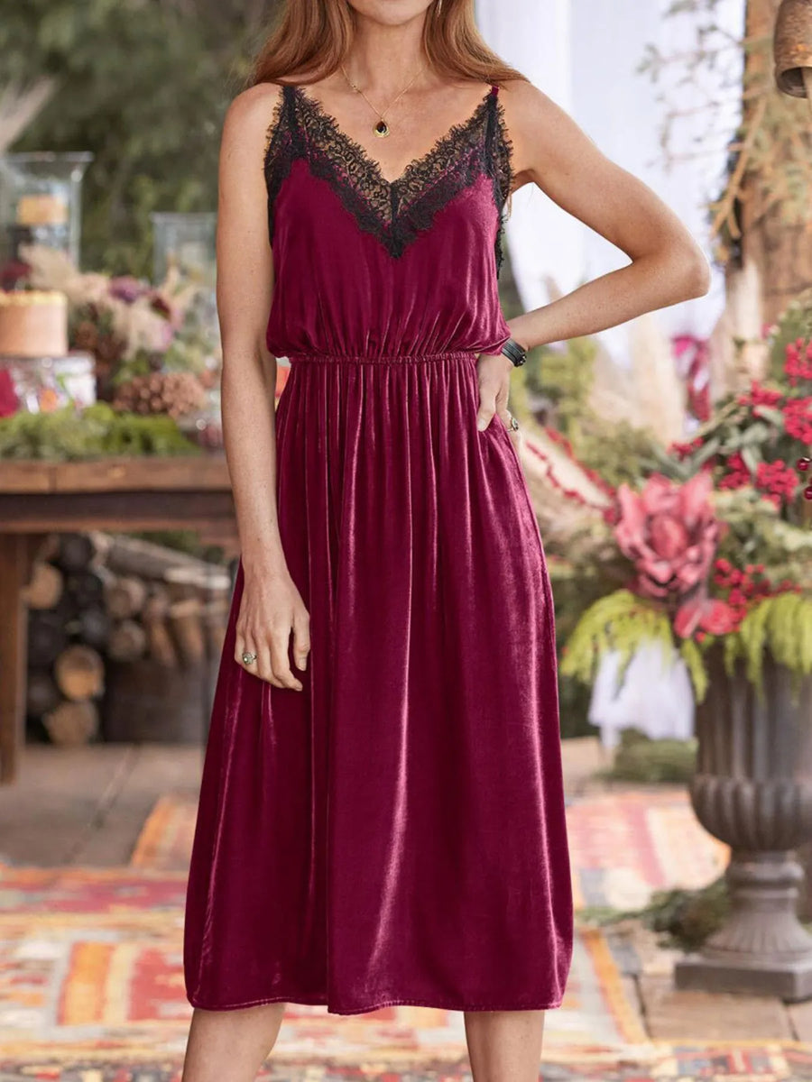 Lace-Trim Velvet Cami Lounge Dress