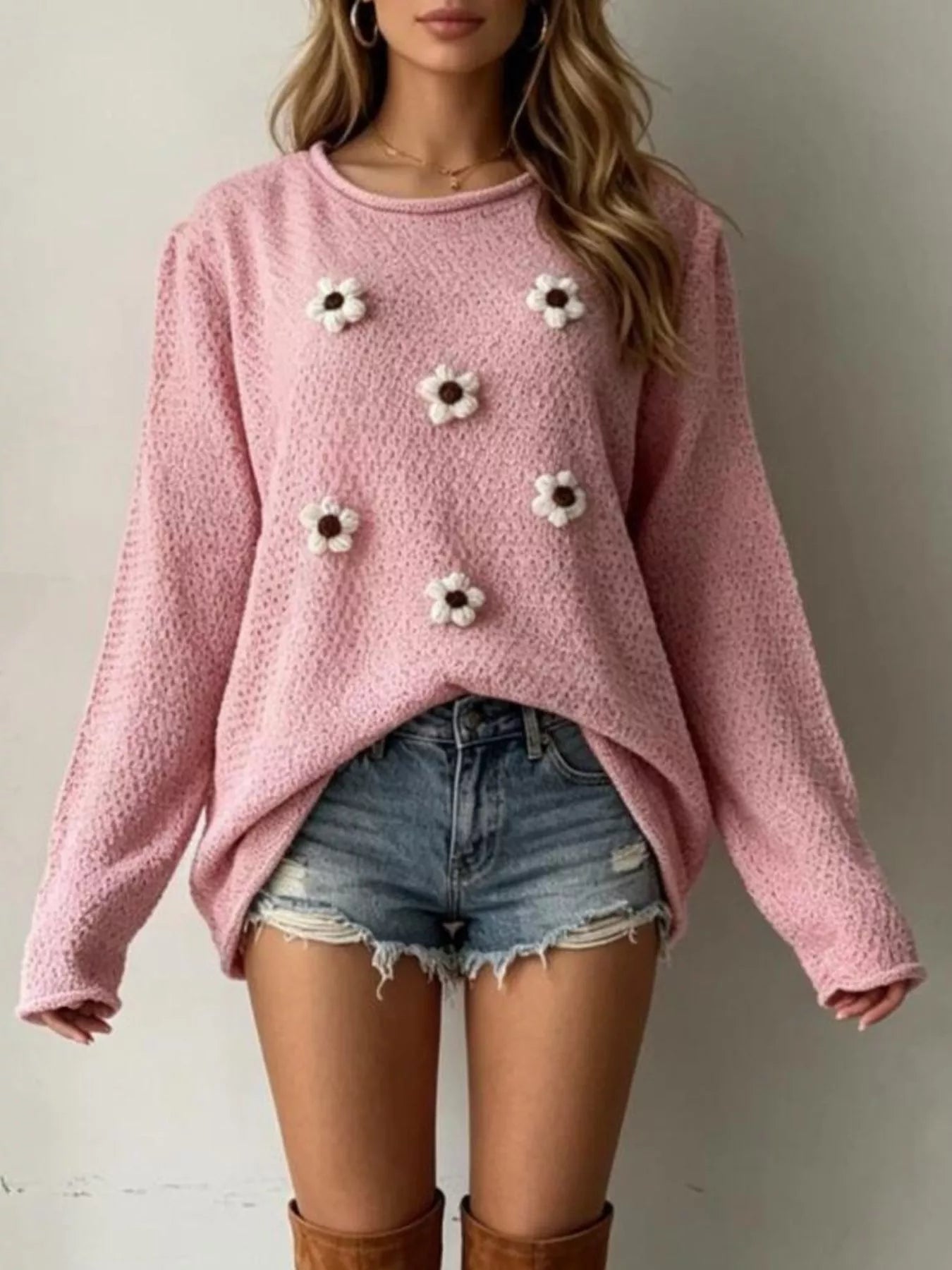 Floral-Appliqué Textured Knit Sweater — AREVONNE product view 9