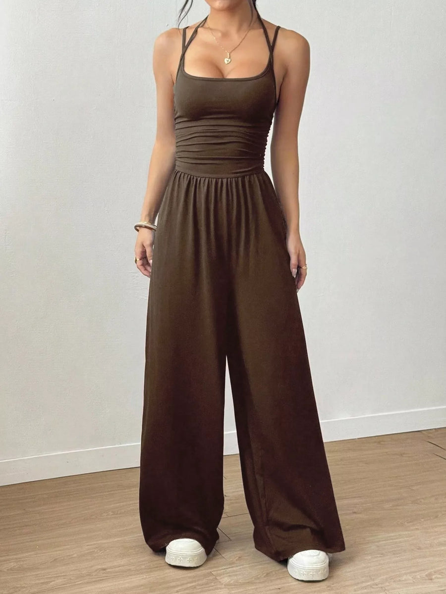 Ruched Spaghetti-Strap Wide-Leg Jumpsuit