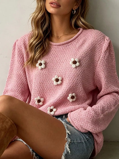 Floral-Appliqué Textured Knit Sweater — AREVONNE product view 11