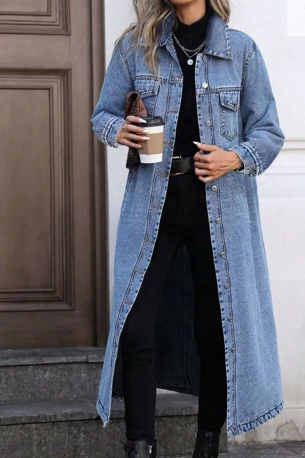 Longline Button-Front Denim Jacket — AREVONNE product view 2