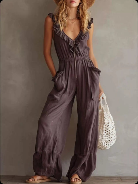 Frill-Detail V-Neck Wide-Leg Jumpsuit