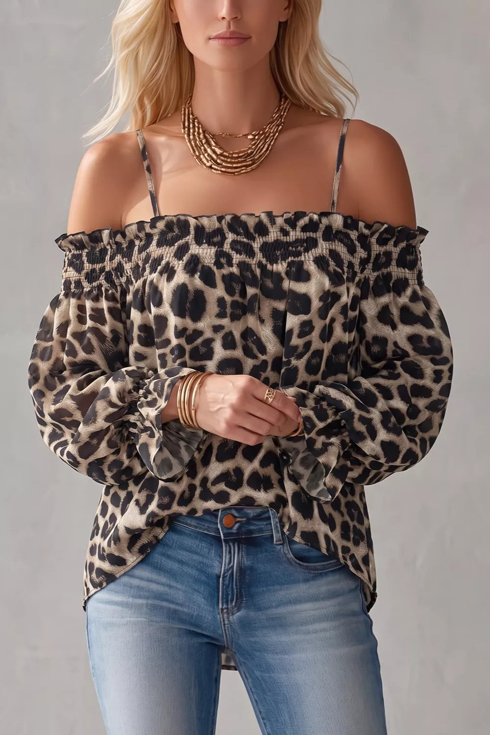 Leopard Ruffle Strap-Detail Blouse — AREVONNE product view 6