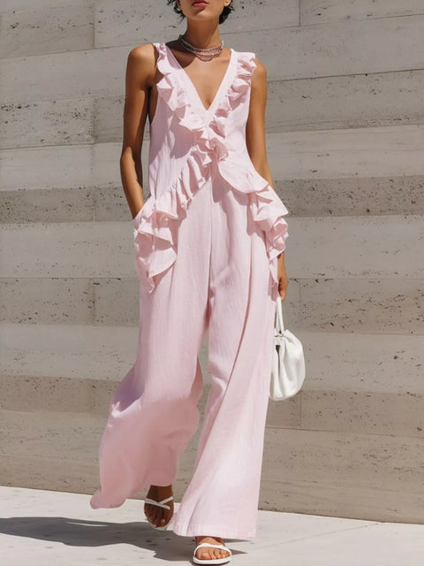 Ruffle-Detail V-Neck Sleeveless Jumpsuit