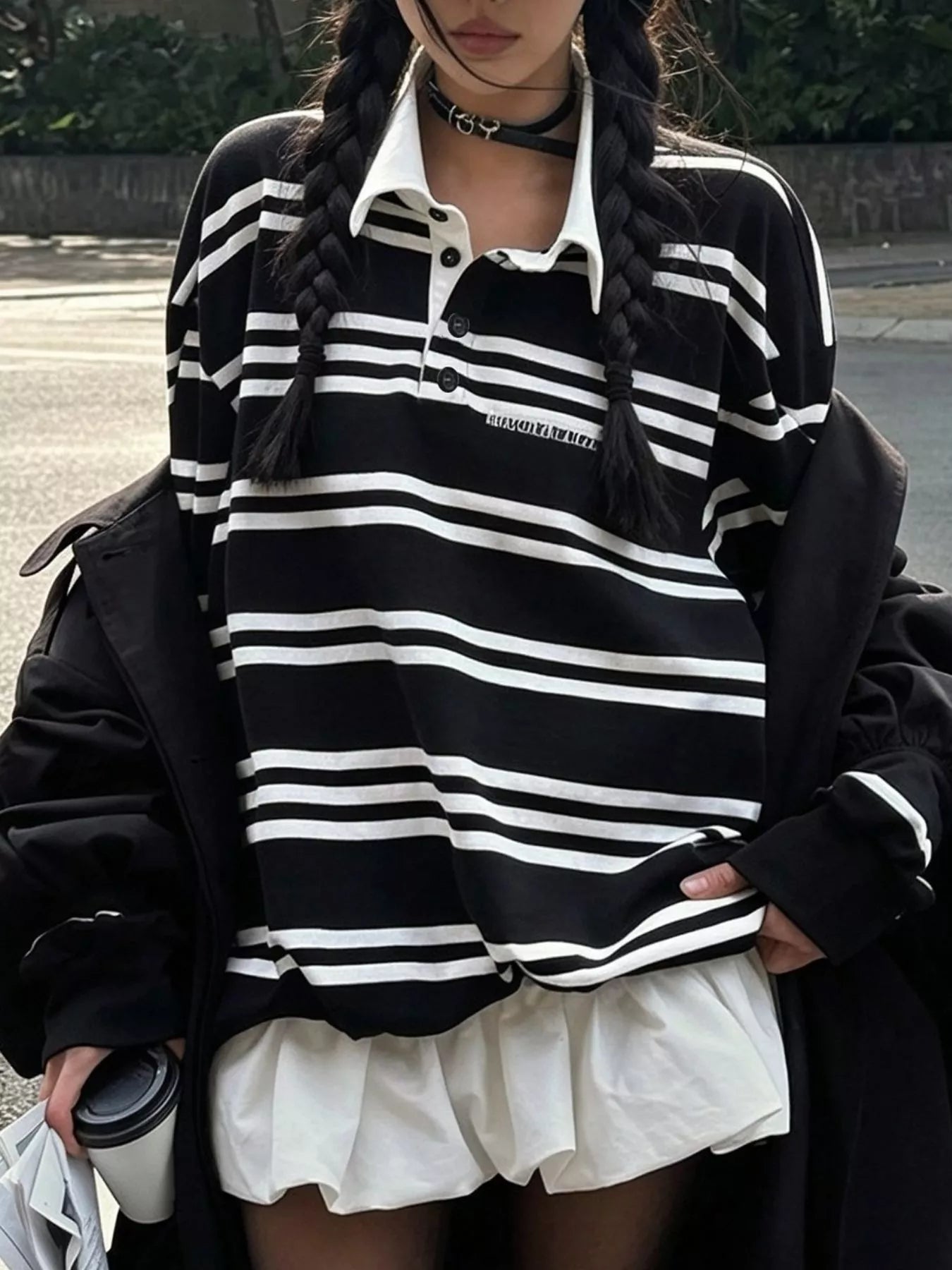 Oversized Striped Contrast-Collar Polo Top — AREVONNE product view 1