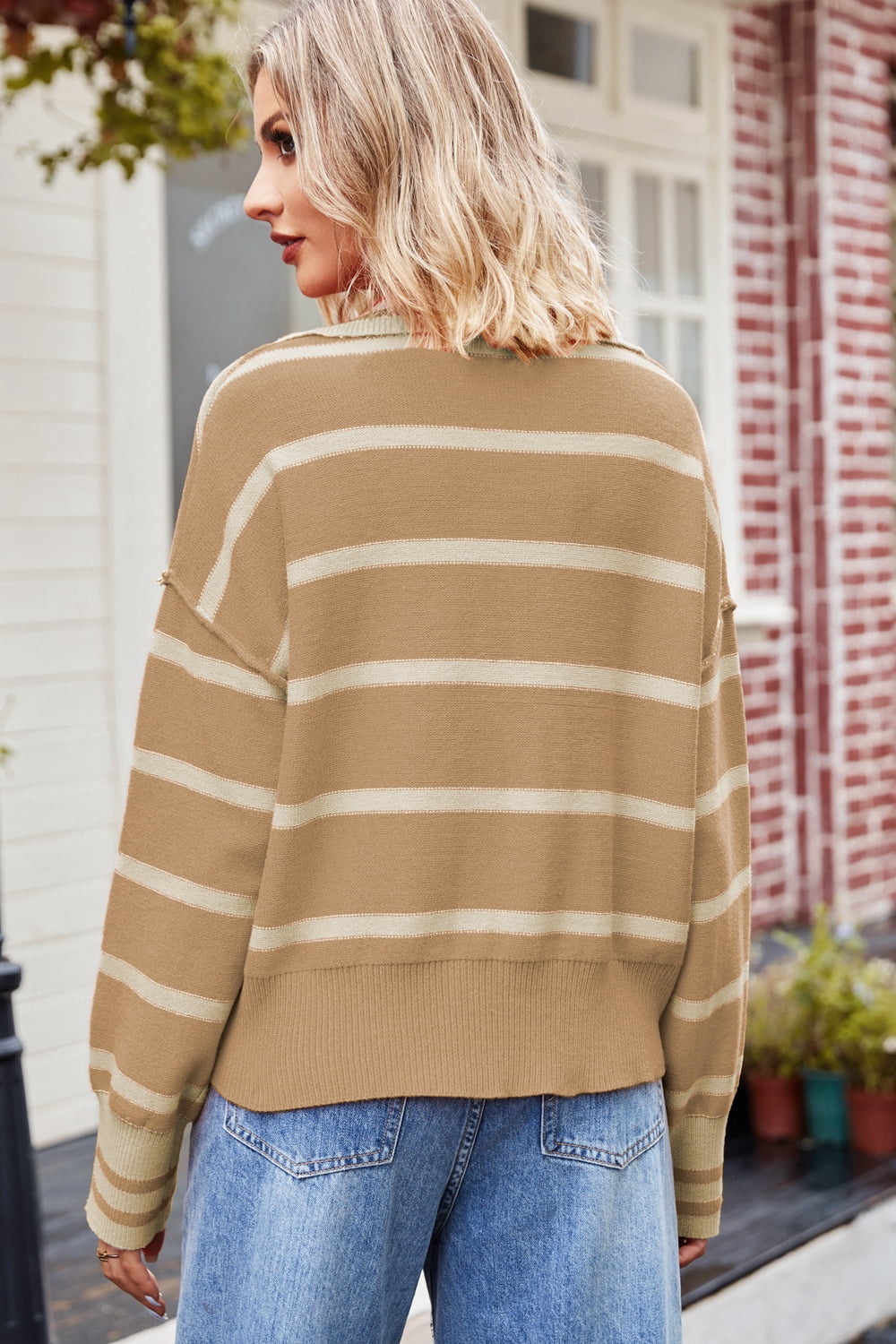 Striped Johnny-Collar Knit Top — AREVONNE product view 2
