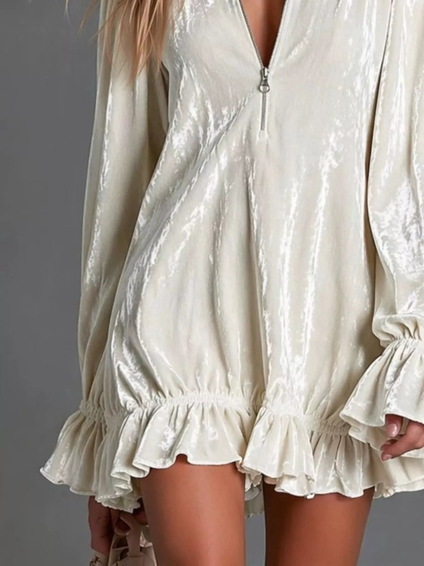 Zip-Front Ruffle-Hem Mini Dress — AREVONNE product view 2