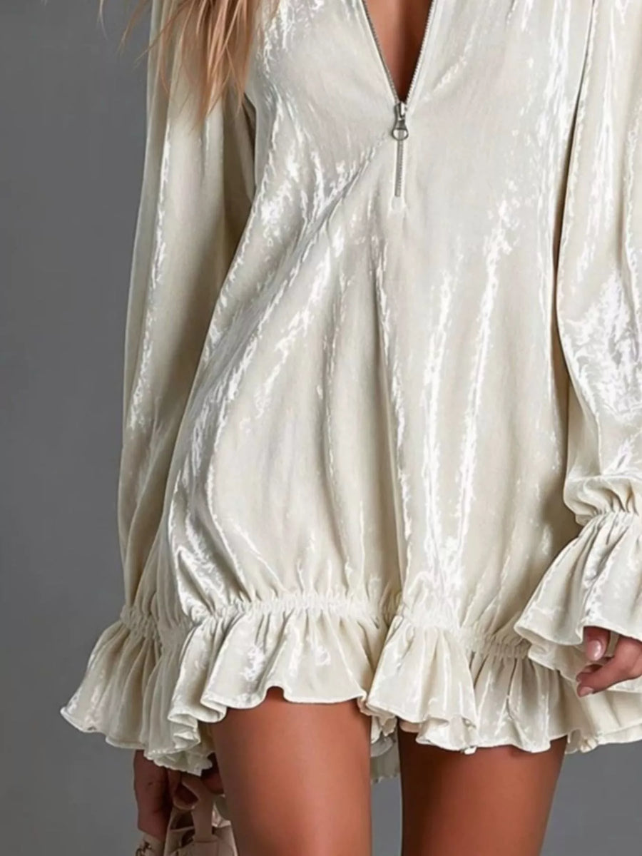 Zip-Front Ruffle-Hem Mini Dress