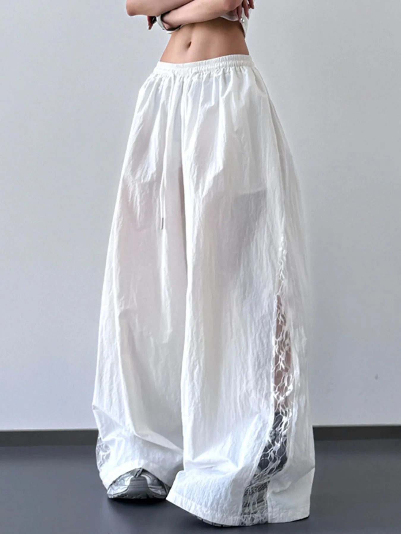 Lace-Detail Drawstring Wide-Leg Pants — AREVONNE product view 1