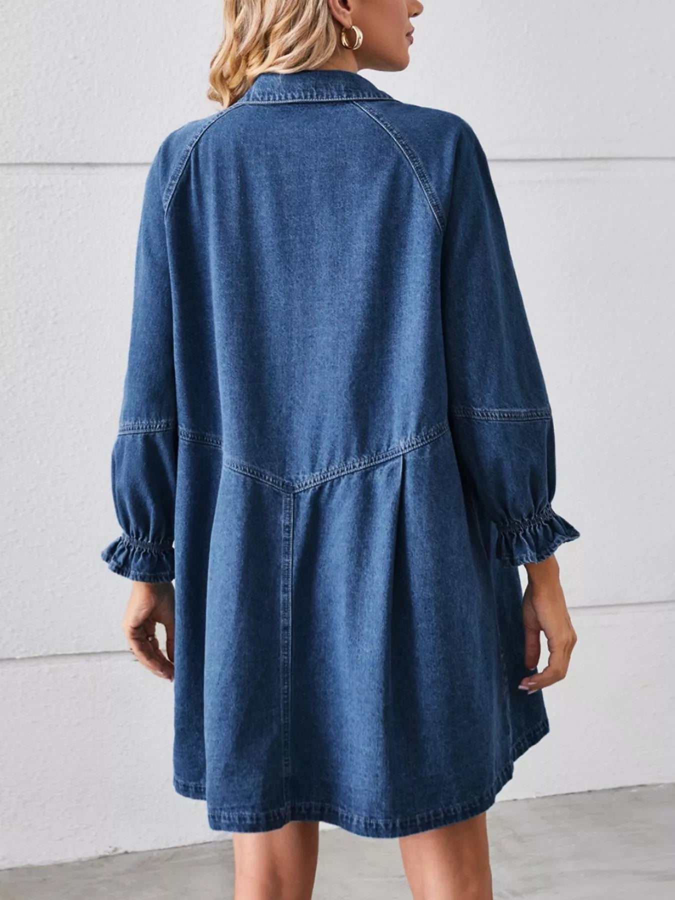 Ruffle-Cuff Button-Down Denim Dress — AREVONNE product view 2