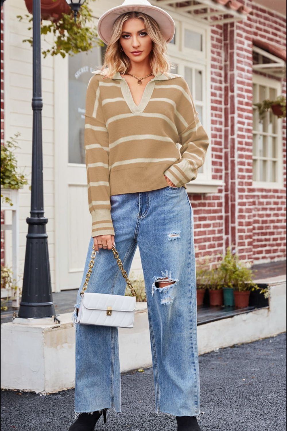 Striped Johnny-Collar Knit Top — AREVONNE product view 3