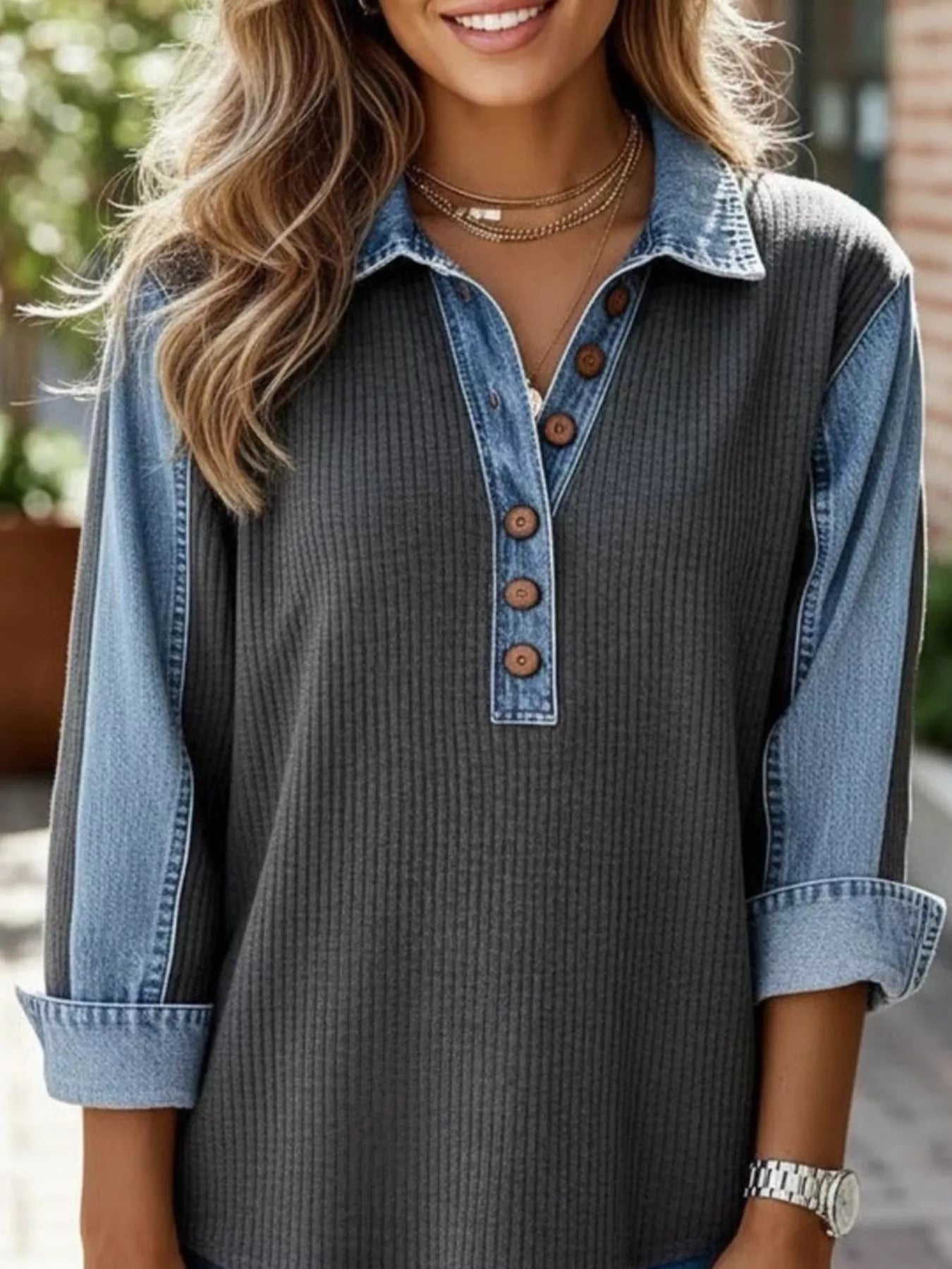 Denim-Trim Button-Detail Sweatshirt — AREVONNE product view 2