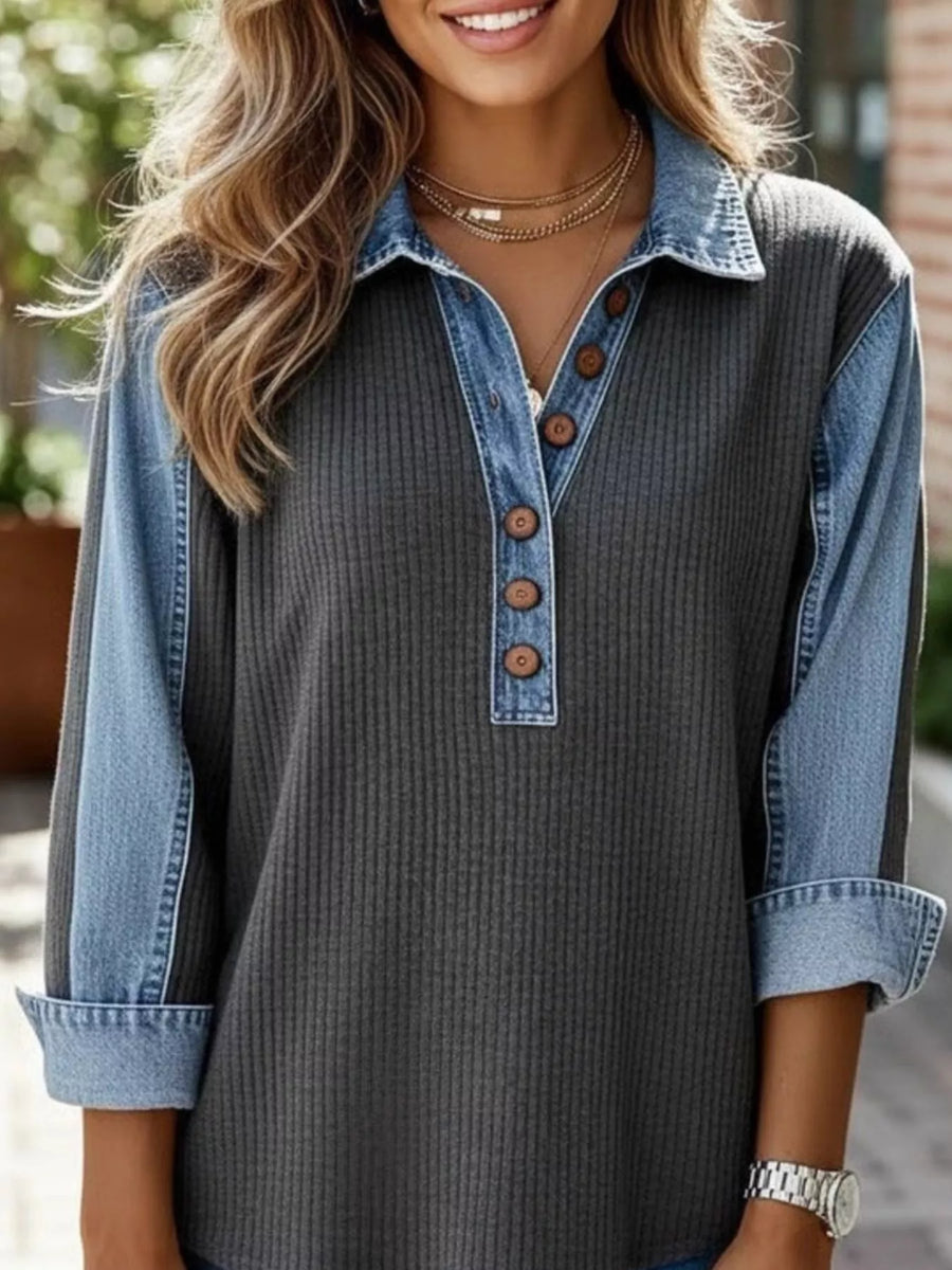 Denim-Trim Button-Detail Sweatshirt